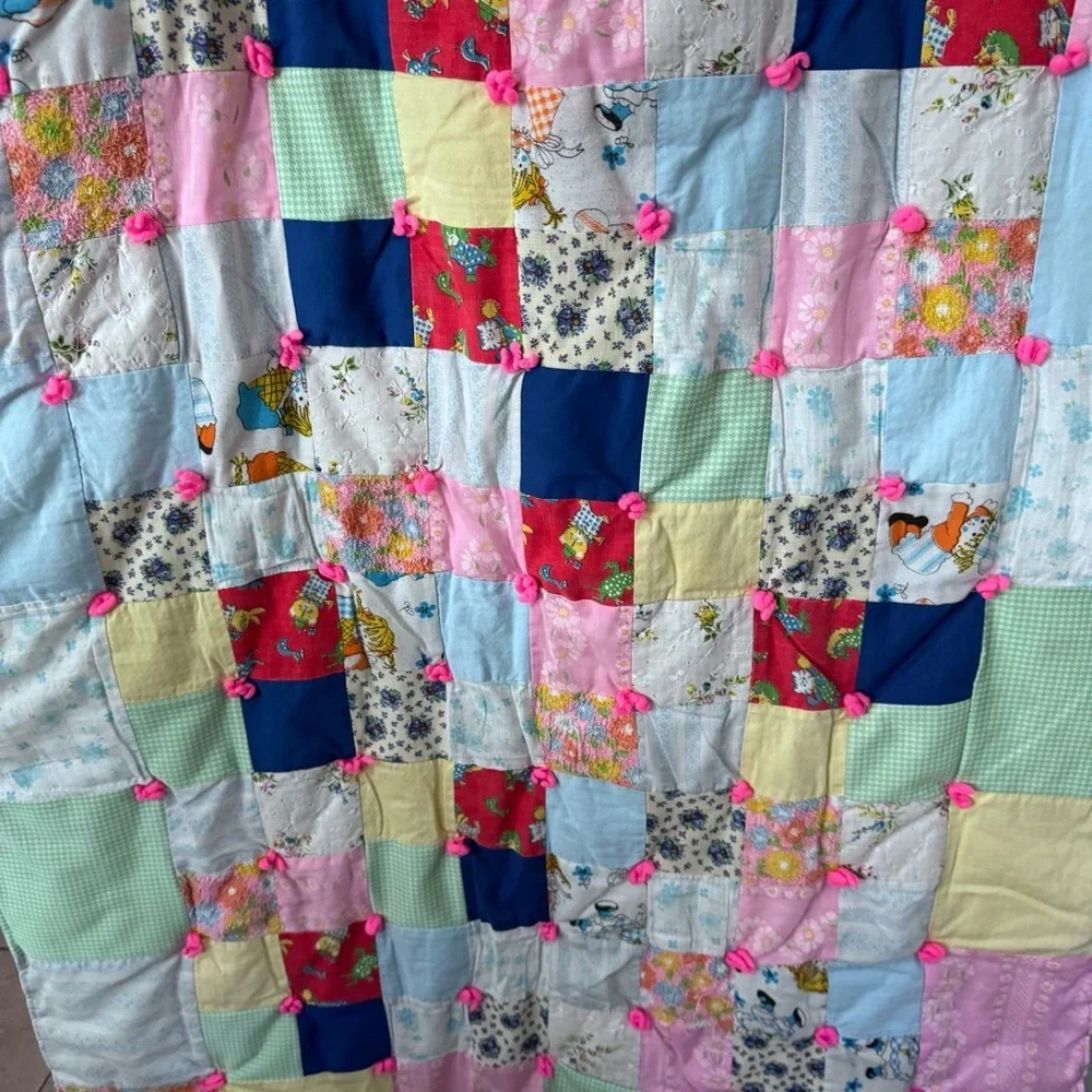Vintage Reversible handmade quilted crib childs toddler blanket